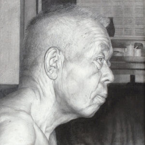 「病に倒れた祖父Ⅰ」2003年／鉛筆･パネル／22.5×22.5cm。写真とも思えるほどに緻密なタッチ。