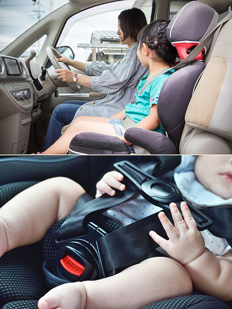 乗用車では、年齢に応じたチャイルドシートやジュニアシートを備えてシートベルトの着用が義務付けられている。